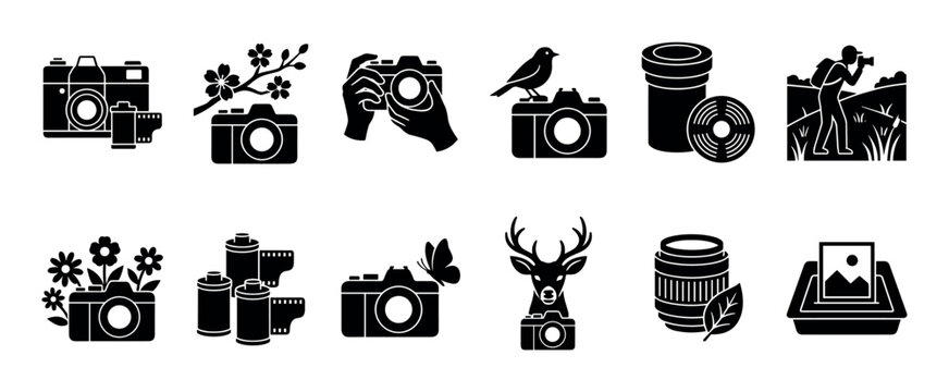 Collection of black photography glyph icons representing nature and wildlife themes, including cameras, film, animals, and flowers in a clean vector silhouette style set