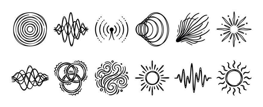 Hand drawn black and white abstract symbols representing sound waves, energy, and light in a minimalist doodle icon set with sketchy sunbursts, signals, and audio waveforms