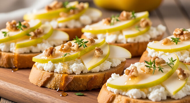 Delicious pear and ricotta toasts with walnuts and honey on transparent background