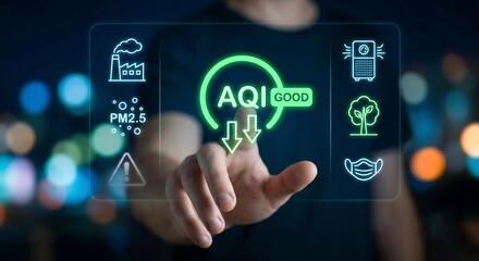 Fototapeta premium Air Quality Index (AQI) display on futuristic interface, person touching screen showing good air conditions and pollution icons.