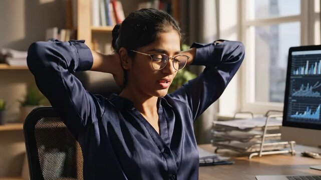 Tired businesswoman stretching neck at workplace
