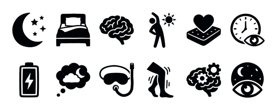 Collection of black glyph icons representing sleep hygiene concepts, including rest, dreaming, energy levels, brain function, sleep cycles, and common sleep disorders