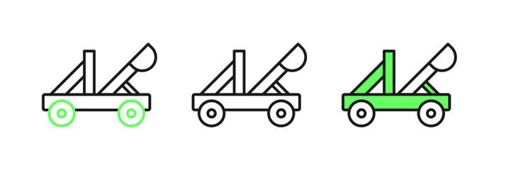 Set line Old medieval wooden catapult shooting stones icon isolated on white background. Vector © Iryna