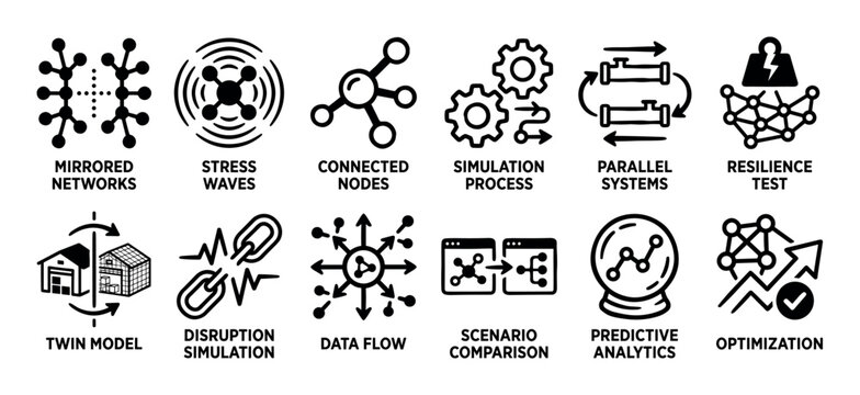 Set of twelve black line icons illustrating concepts of digital twin technology, system simulation, data flow, predictive analytics, scenario comparison, and network resilience