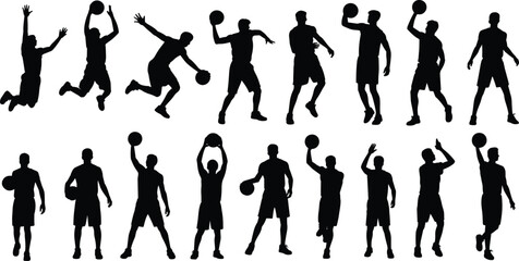 Fototapeta premium Basketball player silhouette collection, sport action poses vector illustration, dribbling jumping shooting athletes isolated professional basketball motion set