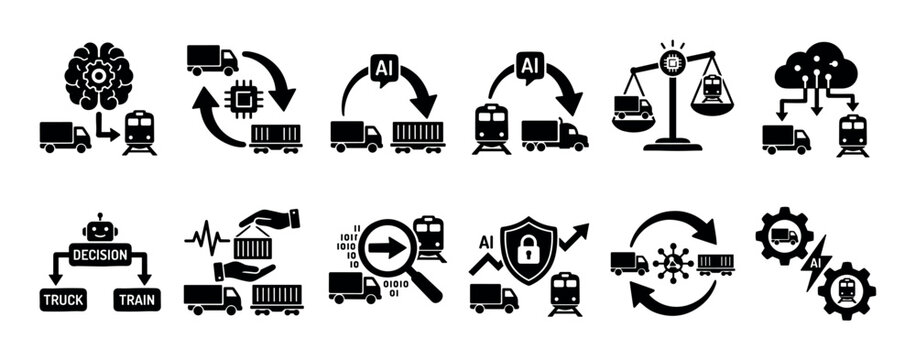 Set of black logistics and transportation icons illustrating artificial intelligence, automation, and optimization concepts for intermodal freight with trucks and trains
