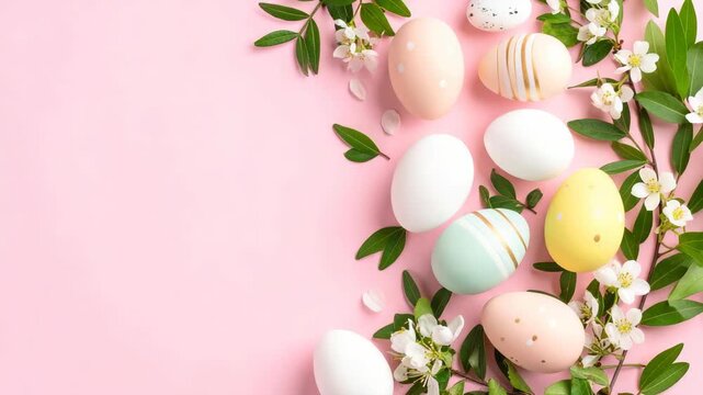 Pastel Easter eggs with gold patterns and white spring blossoms on a pink background with copy space