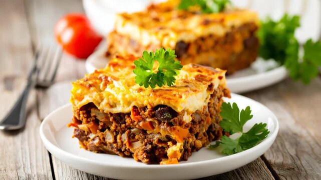 Slice of traditional Greek moussaka casserole with eggplant and meat sauce topped with golden brown bechamel on white plate