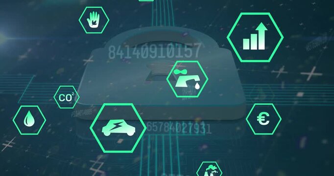Animation of data processing and ecology icons over padlock