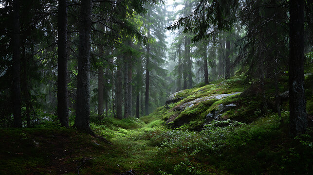 Serene forest trail with mossy rock