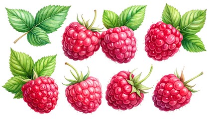 Watercolor rendering of scattered raspberries and leaves, bright pink and green on a white background