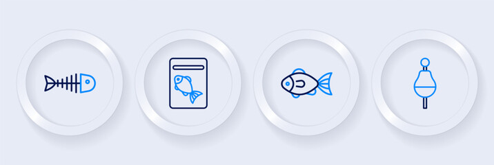 Set line Fishing float, Served fish on plate and skeleton icon. Vector © Iryna