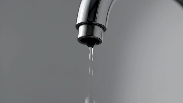 Macro close-up of a dripping chrome water faucet against a grey background, symbolizing plumbing leaks and water waste