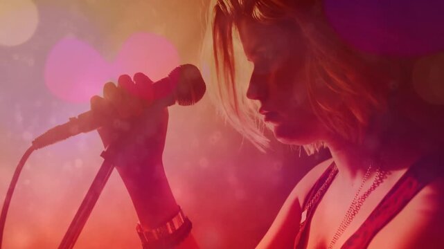 Teen singer performing on music stage, showcasing animated sound waves with microphone and lights