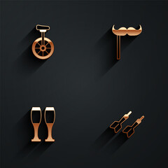 Set Unicycle, Paper mustache on stick, Bowling pin and Dart arrow icon with long shadow. Vector © Iryna