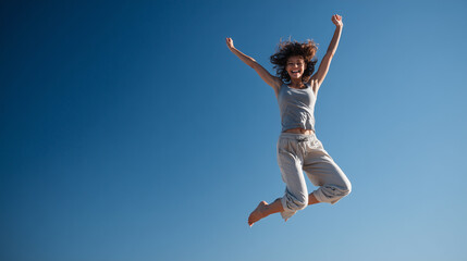 joyful young woman jumping energetically against clear blue sky, happy girl leaping with arms raised in freedom, active lifestyle and celebration of success