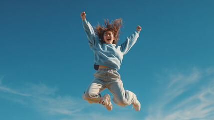 joyful young woman jumping energetically against clear blue sky, happy girl leaping with arms raised in freedom, active lifestyle and celebration of success