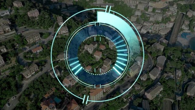 HUD overlay starting from partial arc, scanning villas, lighting bars, guiding camera to coastline