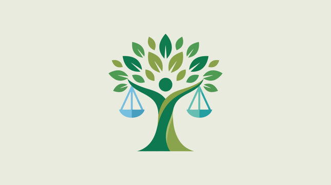 A vibrant and creative logo featuring a tree holding scales, representing growth, balance, justice, and harmony in nature and society for environmental organizations or law firms.