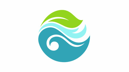 Naklejka premium A serene and harmonious design featuring waves flowing beneath a green leaf, representing nature and environmental sustainability in a modern style.