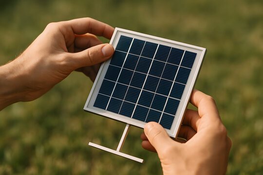 Hands Holding Small Solar Panel &ndash; Renewable Energy and Clean Technology Concept