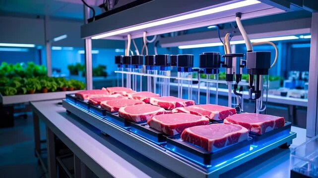 Cultured meat steaks being processed in a high tech bioengineering lab with advanced robotic machinery and indoor plants