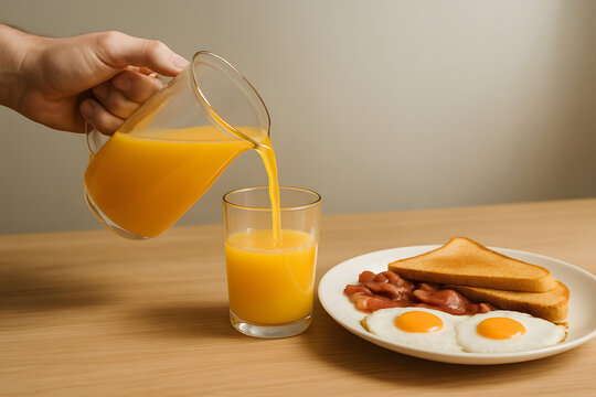 Pouring Orange Juice with Classic Breakfast &ndash; Eggs, Bacon and Toast
