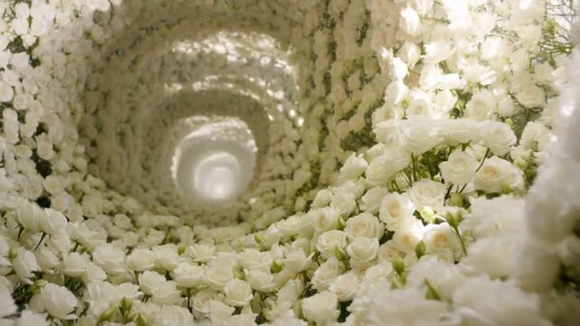 Elegant fly through a wedding tunnel of white roses , ethereal atmosphere for wedding films and save-the-date videos