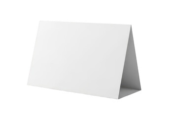 Blank white table tent card standing on a foldable base isolated on transparent background
