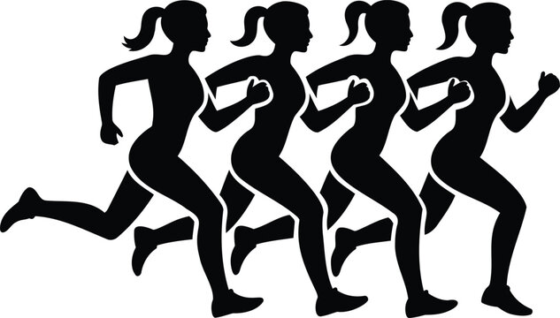 Four black silhouette vector illustration of women running in a row, depicting fitness, exercise, and healthy lifestyle for sports and health-related designs.