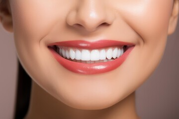 Fototapeta premium Woman showing perfect white teeth, healthy gums, and red lips, smiling broadly