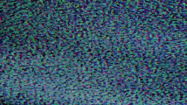 A close-up view of a distorted television screen displaying static noise