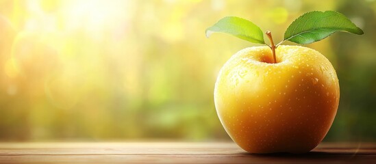 Golden apple on wood, sunlit garden backdrop, healthy food