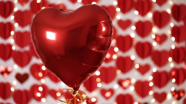 Large red heart balloon with blurry hearts and warm lights background