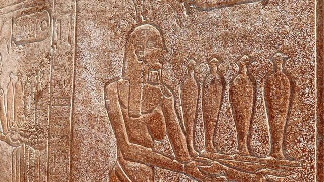 Close Up of Ancient Egyptian Relief Carvings Depicting Figures and Hieroglyphs on Replica Temple Wall