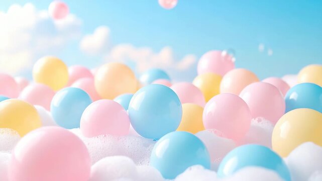 Abstract composition of soft pink blue and yellow plastic spheres in soapy foam under a clear sky