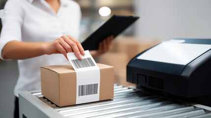 Fototapeta premium Woman labeling package with barcode while using tablet in warehouse 