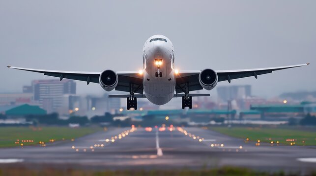 Airplane taking off from runway with lights at dusk  