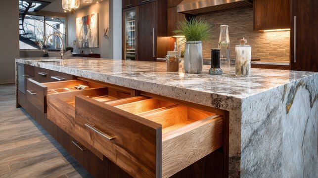 Modern kitchen island with open wooden drawer and natural stone countertop. Luxury home interior design with custom cabinetry and marble surface. Professional architecture for housing.
