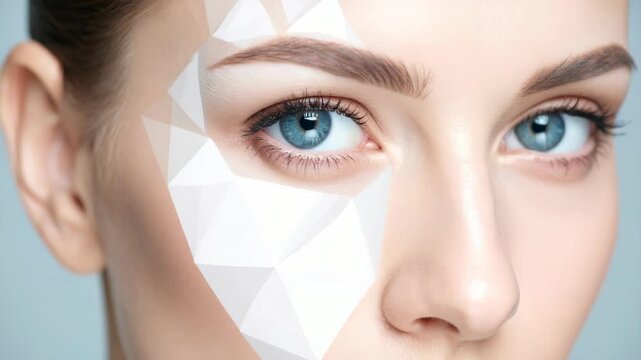 Close up of a beautiful woman with blue eyes and white geometric low poly triangle patterns on her face
