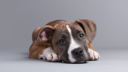 Obraz premium Young puppy resting with a thoughtful expression on grey background 