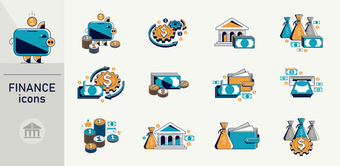 Business and finance vector icons set, financial and economy theme detailed icons that can be used as an illustration, money theme.