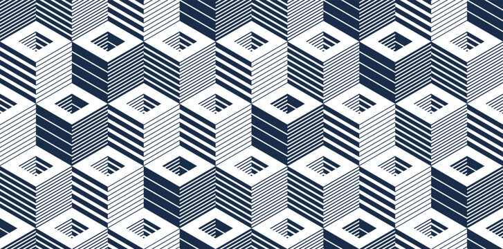Cubes abstract background, seamless pattern with 3D blocks, geometric linear polygon wallpaper, isometric surreal cubic construction tiling pattern.