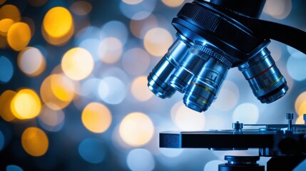 Obraz premium Close-up of a scientific microscope objective lens with intricate glass details and soft bokeh background