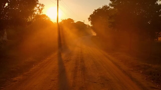 Dirt road through trees at sunset with warm light and golden hues