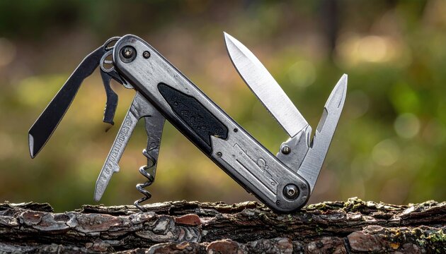 Close up of a gleaming steel multitool with various implements extended, resting on natural wood.