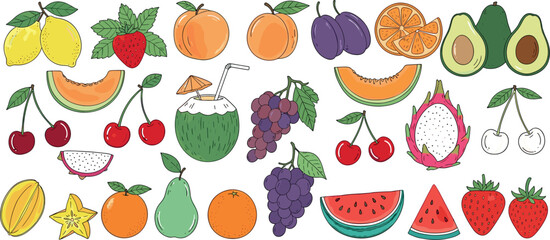 Obraz premium Hand Drawn Fruit Collection Set with Tropical and Fresh Fruits Lemon Cherry Avocado Watermelon Strawberry Vector Illustration