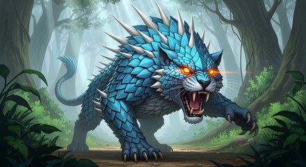 Fantasy creature with blue scales in a mystical forest setting