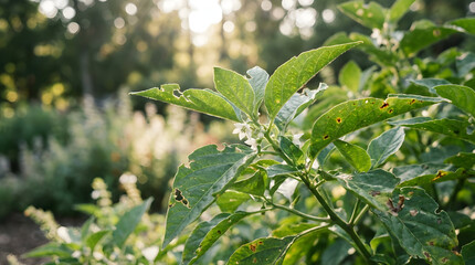 Obraz premium Green plant leaves with yellow spots and insect damage in a garden during a bright sunset