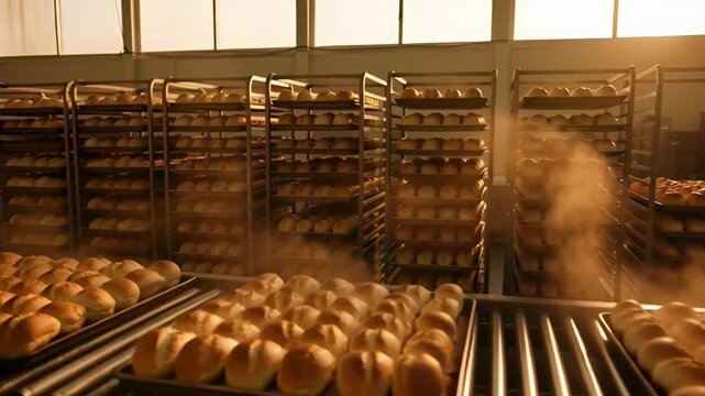 Freshly baked bread loaves conveyor belt in industrial production